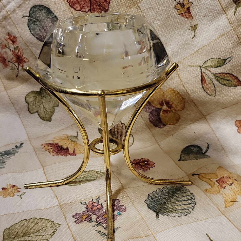 Diamond Shaped Candle Holder W/ Candle On Gold Tone Stand And Noticeable Patina